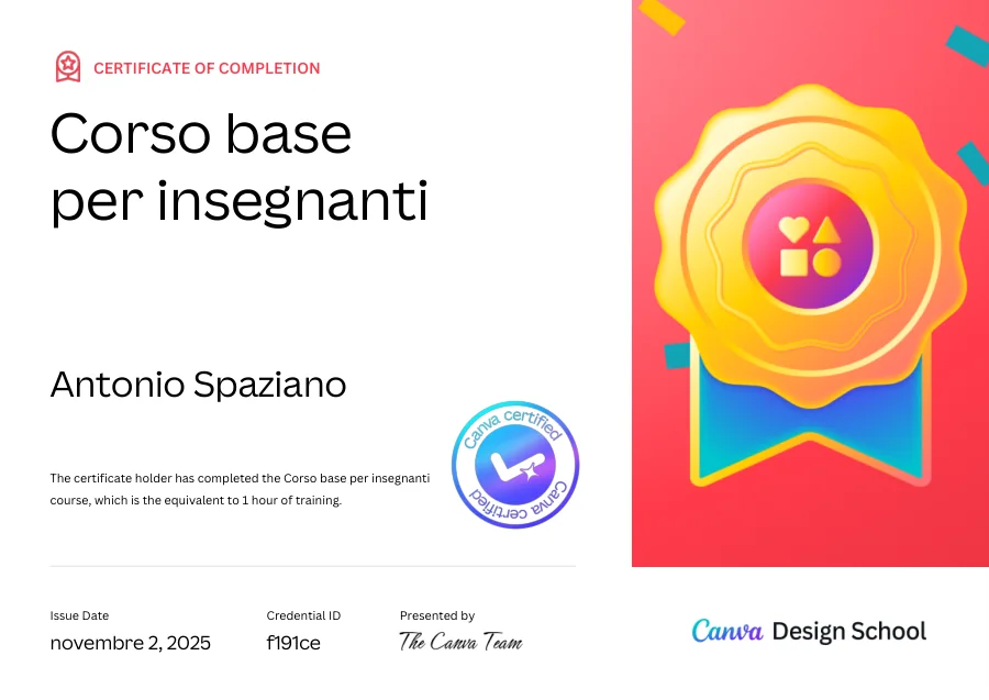 Attestato di Antonio Spaziano: Corso base per insegnanti