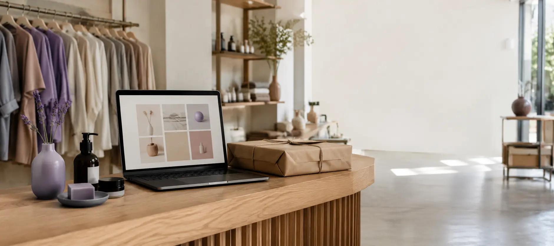 Negozio con catalogo digitale e pacco pronto per la spedizione